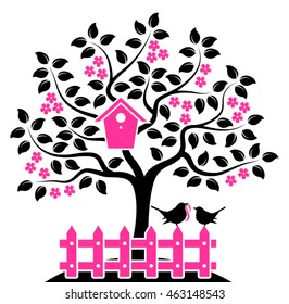 vector flowering tree with nesting bird box and picket fence with mother bird and baby bird isolated on white background