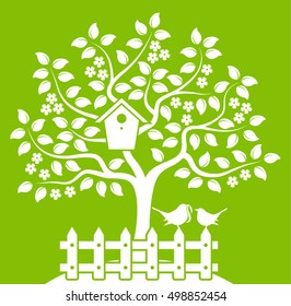 vector flowering tree with nesting bird box and picket fence with mother bird and baby bird isolated on green background