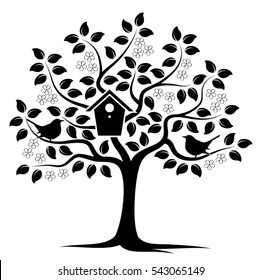 vector flowering tree with nesting bird box and couple of birds isolated on white background
