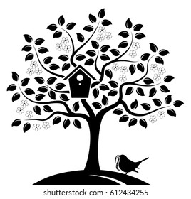 vector flowering tree with nesting bird box and bird bringing worm isolated on white background