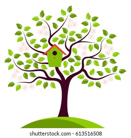 vector flowering tree with nesting bird box isolated on white background