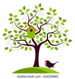 vector flowering tree with nesting bird box and bird bringing worm isolated on white background