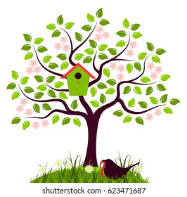 vector flowering tree with nesting bird box and bird with worm isolated on white background