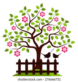 vector flowering tree and picket fence with couple of birds isolated on white background