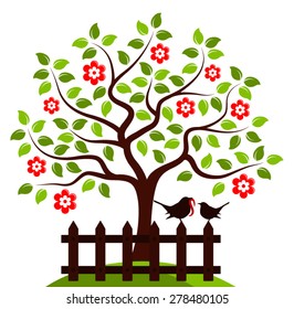 vector flowering tree and picket fence with mother bird and baby bird isolated on white background