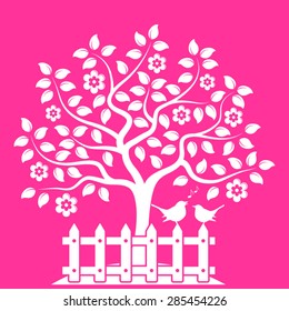 vector flowering tree and picket fence with couple of birds isolated on pink background