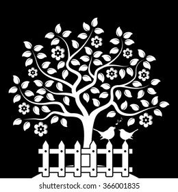 vector flowering tree and picket fence with couple of birds isolated on black background