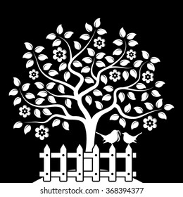vector flowering tree and picket fence with mother bird and baby bird isolated on black background