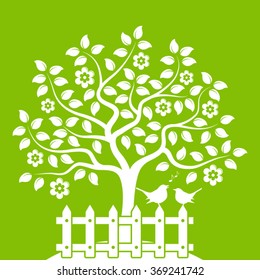 vector flowering tree and picket fence with couple of birds isolated on green background