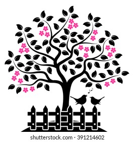 vector flowering tree and picket fence with couple of birds isolated on white background
