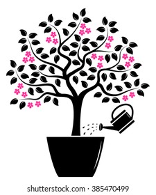vector flowering tree in pot and watering can isolated on white background