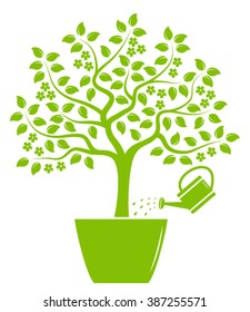 vector flowering tree in pot and watering can isolated on white background