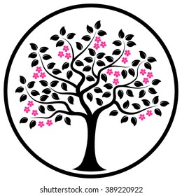 vector flowering tree in round isolated on white background