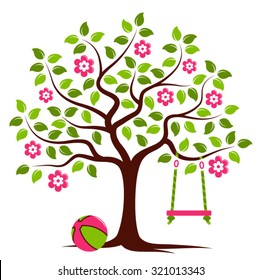 vector flowering tree with swing and ball isolated on white background