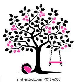 vector flowering tree with swing and ball isolated on white background