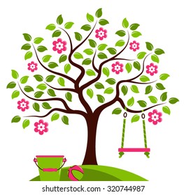 vector flowering tree with swing, bucket and ball isolated on white background