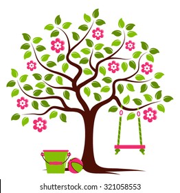vector flowering tree with swing, bucket and ball isolated on white background
