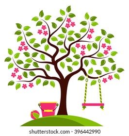 vector flowering tree with swing, bucket and ball isolated on white background