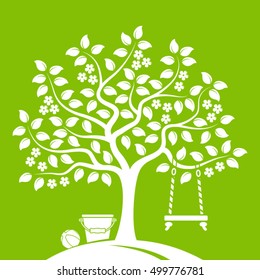 vector flowering tree with swing, bucket and ball isolated on green background