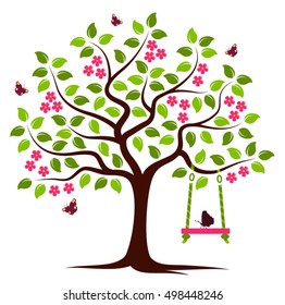 vector flowering tree with swing and butterflies isolated on white background