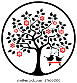 vector flowering tree with swing and couple of birds in round isolated on white background