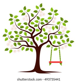 vector flowering tree with swing isolated on white background