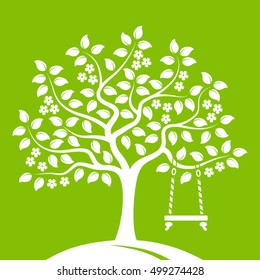 vector flowering tree with swing isolated on green background
