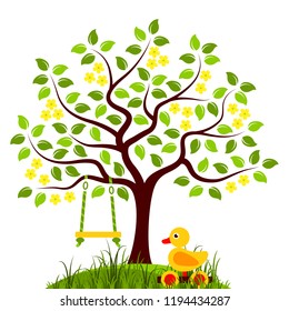 vector flowering tree with swing and wooden duck pull toy isolated on white background