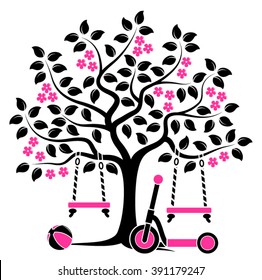 vector flowering tree with swings, ball and scooter isolated on white background