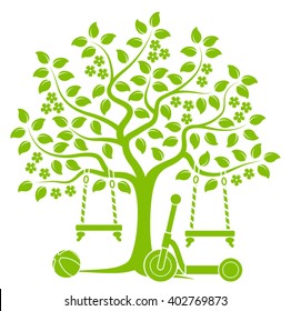 vector flowering tree with swings, ball and scooter isolated on white background