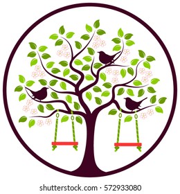 vector flowering tree with swings and birds in round isolated on white background