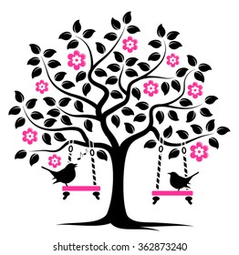 vector flowering tree with swings and couple of birds isolated on white background