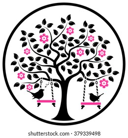 vector flowering tree with swings and couple of birds in round isolated on white background