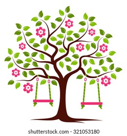 vector flowering tree with swings isolated on white background
