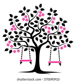 vector flowering tree with swings isolated on white background