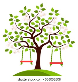 vector flowering tree with swings isolated on white background