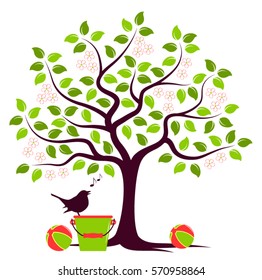 vector flowering tree with toys and singing bird isolated on white background