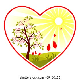 vector flowering tree and tulips in heart