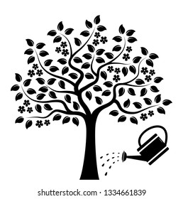 vector flowering tree and watering can isolated on white background