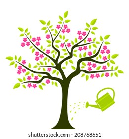 vector flowering tree and watering can isolated on white background