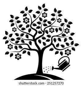 vector flowering tree and watering can isolated on white background