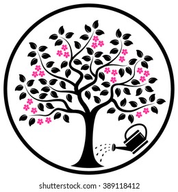 vector flowering tree and watering can in round isolated on white background