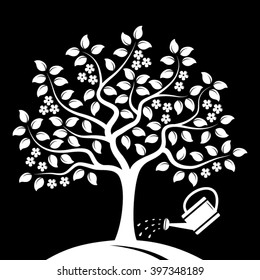 vector flowering tree and watering can isolated on black background