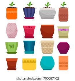 Vector flowerpot and ethnic simple vase collection isolated on white background for gardener and florist small business