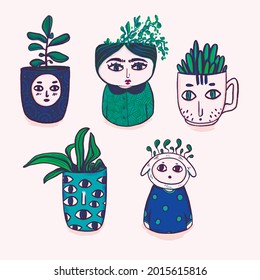 Vector flowerpots faces. Eyes and fantasy cartoony design
