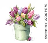 Vector flowers arrangement of flowers in a bucket. Greeting card, invitation, poster, wedding decoration and other images