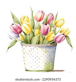 Vector flowers arrangement of flowers in a bucket. Greeting card, invitation, poster, wedding decoration and other images