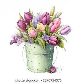 Vector flowers arrangement of flowers in a bucket. Greeting card, invitation, poster, wedding decoration and other images