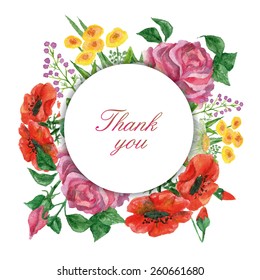 Vector flowers background card with white round label in center, roses, poppies, chamomiles bright watercolor, aquarelle