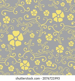 Vector flowers with bail seamless pattern in trendy colors Pantone 2021 Illuminating yellow, Ultimate Gray